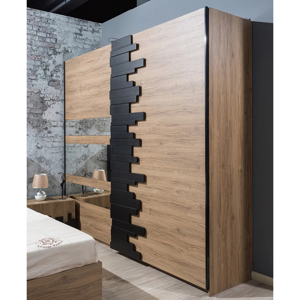 Dormitor MOZART, stejar & negru, pat 160x200 cm, dulap cu 2 usi, 2